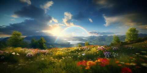 Swissland rainbow on sunset sky across a stunning vista landscape,mountains wildflowers sun flares