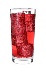Glass of refreshing soda water with ice cubes isolated on white