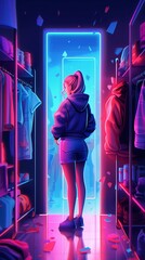 Drawing of a girl stands against the background of an open wardrobe with shelves of things Generative AI