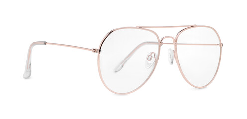 Stylish glasses with metal frame isolated on white