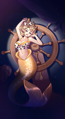Tarot card design. Mermaid theme anime retro girl. The wheel of Fortune. Hand drawn illustration