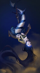 Tarot card design. Mermaid theme anime illustration. The hanged man on anchor. Hand drawn illustration