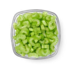 Glass bowl of fresh cut celery isolated on white, top view