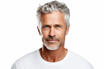 Beautiful portrait of a 50s mid aged mature man looking at camera isolated on transparent background (PNG)