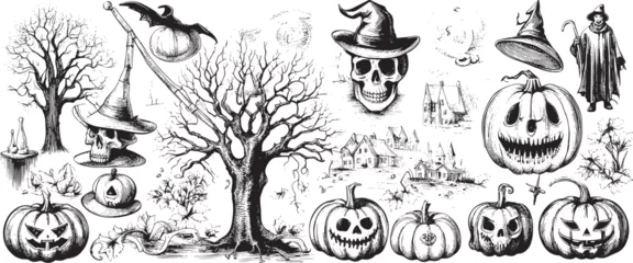 Keuken foto achterwand Uiltjes Sketch of Halloween elements on a white background. Hand drawn vector Horror set of Halloween doodle sticker sketch