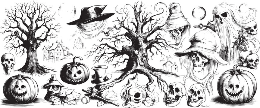 Sketch of Halloween elements on a white background. Hand drawn vector Horror set of Halloween doodle sticker sketch