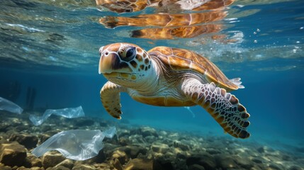 Fototapeta premium Plastic Pollution In Ocean - Turtle Eat Plastic Bag - Environmental Problem