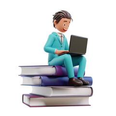 3d rendered cute businessman cholding laptop