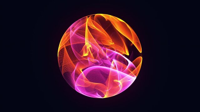 Bright glowing rotating particle 3d sphere. Virtual assistant animation. Technology, science, engineering and artificial intelligence background. Animated wave energy orb. Pink and orange. 4k