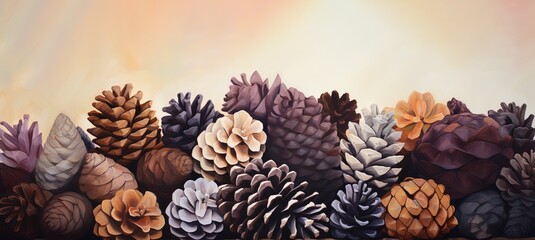 Pine cones stack on ground, beautiful design card. Season, fall, winter celebration, pinecone in muted colors for a peaceful nature and mind. Coniferous for Christmas, xmas. Generative AI.
