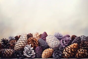 Pine cones stack on ground, beautiful design card. Season, fall, winter celebration, pinecone in muted colors for a peaceful nature and mind. Coniferous for Christmas, xmas. Generative AI.