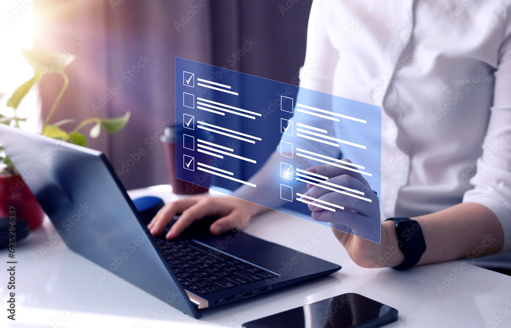 Fototapete Fast checklist and clipboard task management.Business productivity checklist and filling survey form online.	
