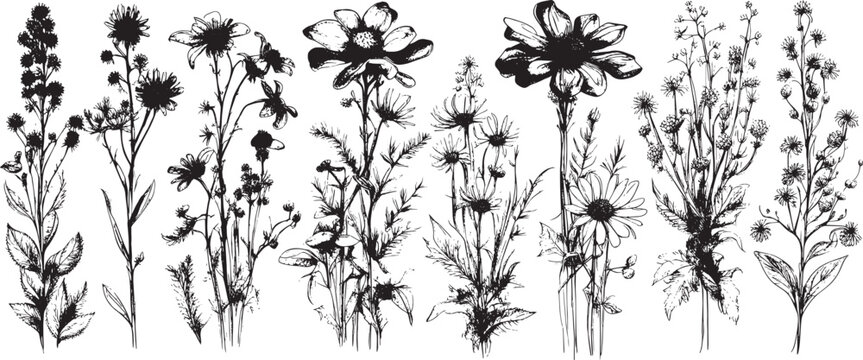 Collection of hand drawn flowers and herbs. Botanical plant illustration. Vintage medicinal herbs sketch set ink hand drawn medicinal herbs and plants sketch