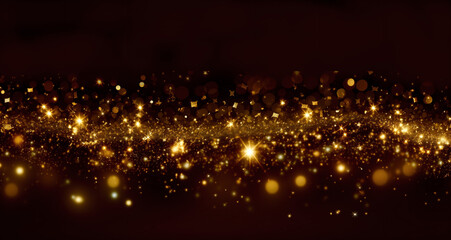 Black background with sparkling gold holiday garland, magic dust. Gold Abstract Glitter Blinking sparks. Generative Ai content.
