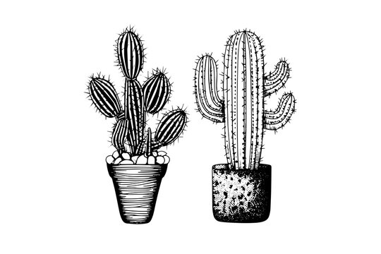 Set of cactuses hand drawn ink sketch. Engraving style vector illustration.