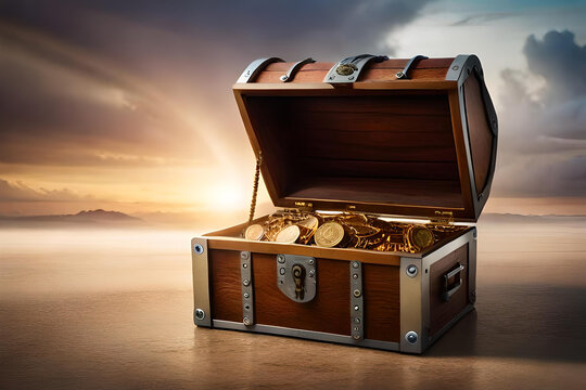 Step into the fantasy of a treasure chest brimming with lustrous gold coins. 