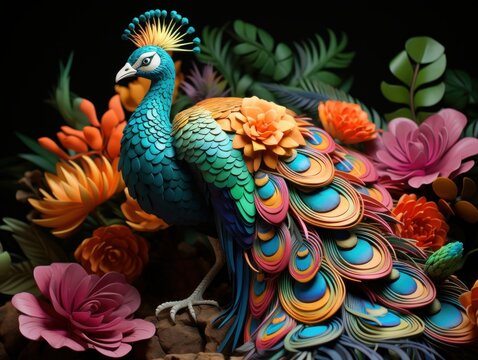 Peacock sculptures printed with colorful paper, in the style of dima dmitriev, spectacular backdrops, 8k 3d, indian pop culture, made of cardboard,
