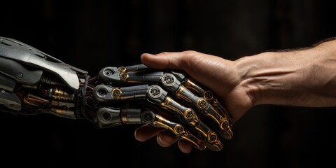 Handshake Robot and human. Modern technologies. Generative AI