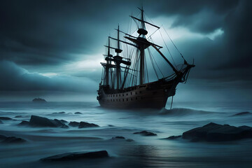 Sail into the mystique of the night as a majestic ship glides gracefully through calm waters, its silhouette illuminated by the moonlight casting ethereal reflections.
