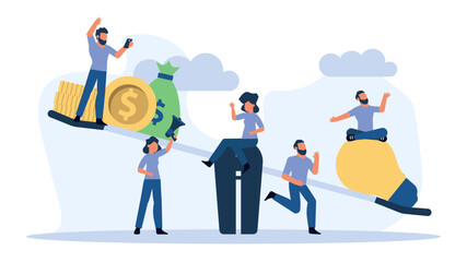 Money balance on scale comparison equilibrium vector business illustration. Idea light bulb and gold coin finance. Man and woman concept income investment earning. Profit work report weight cashflow