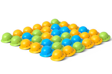 Set of safety helmets or hard caps for carpentry work in row on white background