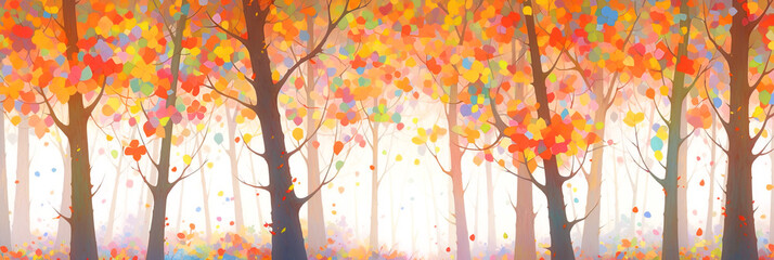 Panorama of multicolored trees in fall season. Autumn banner background