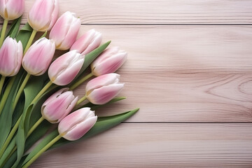 Flowers, nature, international women day, mothers day concept. Bouquet of tulip flowers on wooden background with copy space. Top view. Generative AI