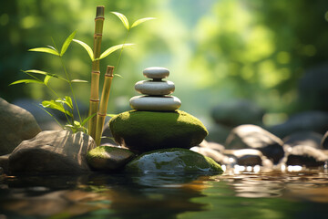 Obraz na płótnie Canvas States of mind, meditation, feng shui, relaxation, nature, zen concept. Bamboo, rocks and water background with copy space. Nature illuminated with sunlight. Generative AI