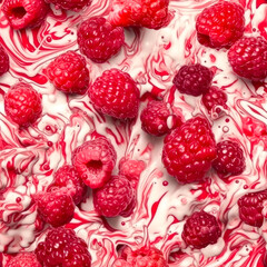 Milk splash and Raspberries. Natural dairy products. Ai generated.