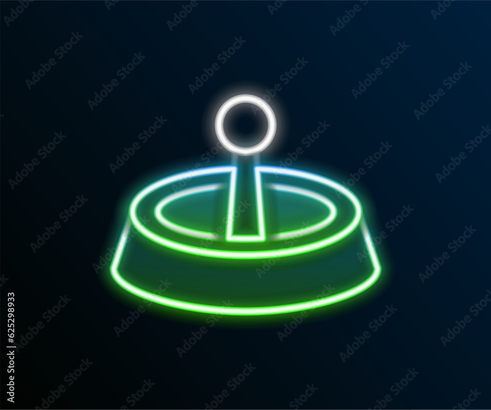 Sticker Glowing neon line Casino roulette wheel icon isolated on black background. Colorful outline concept. Vector