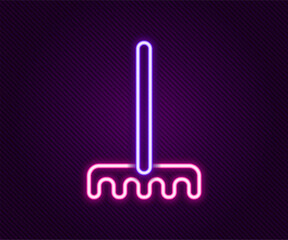 Glowing neon line Garden rake icon isolated on black background. Tool for horticulture, agriculture, farming. Ground cultivator. Housekeeping equipment. Colorful outline concept. Vector