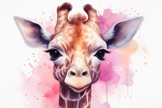 giraffe watercolor illustration, cute funny cub animal