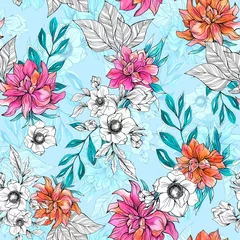 Fotobehang Watercolor flowers pattern, pink and orange tropical elements, black and white flowers, blue leaves, blue background, seamless © Leticia Back