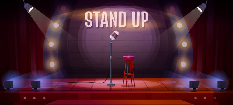Standup scene poster. Colorful panorama with chair and microphone, soffits and curtains. Stage for karaoke concerts and music contest, performances and comedy shows. Cartoon flat vector illustration