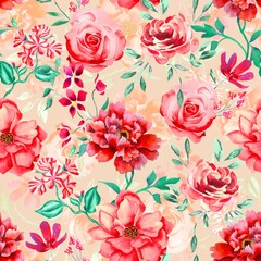Watercolor flowers pattern, red tropical elements, green leaves, orange background, seamless