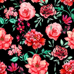 Meubelstickers Watercolor flowers pattern, red tropical elements, green leaves, black background, seamless © Leticia Back