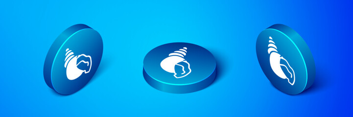 Isometric Scallop sea shell icon isolated on blue background. Seashell sign. Blue circle button. Vector