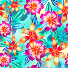 Fototapeta na wymiar Watercolor flowers pattern, red and pink tropical elements, green leaves, blue background, seamless
