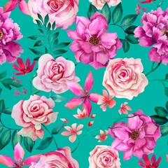 Watercolor flowers pattern, pink tropical elements, green leaves, green background, seamless