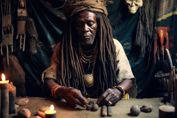 African shaman or witch doctor performing ritual in his shrine, mystical dark occult portrait. Generative AI