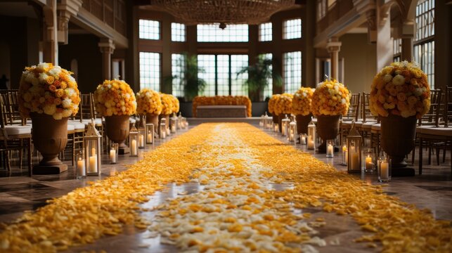 Indian wedding mandap decor yellow and white flowers