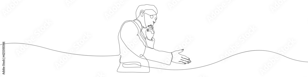 Poster a man in a mask icon line continuous drawing vector. one line reaching out icon vector background. m
