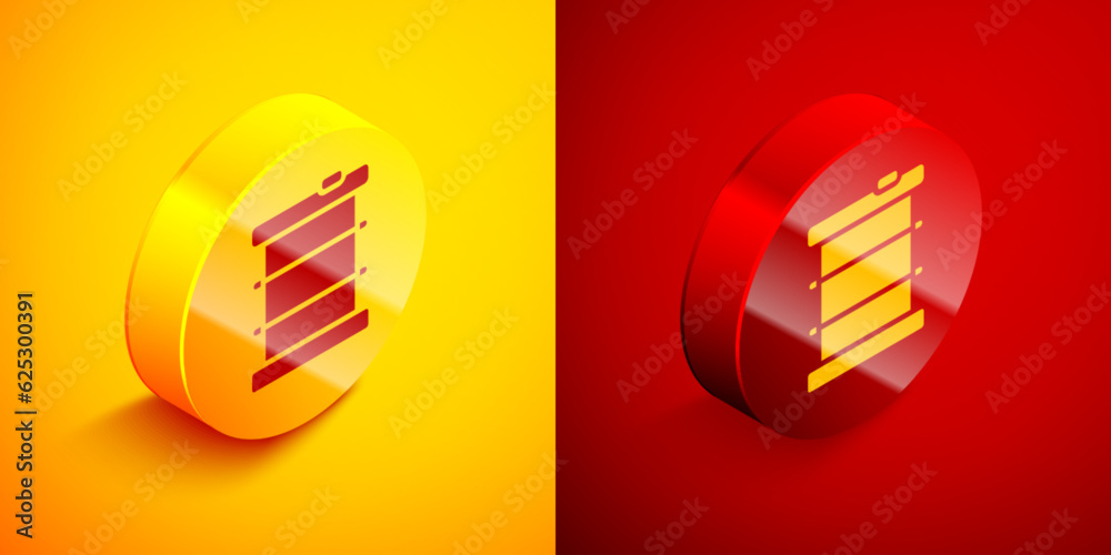 Poster isometric radioactive waste in barrel icon isolated on orange and red background. toxic refuse keg. 