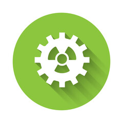 White Radioactive icon isolated with long shadow background. Radioactive toxic symbol. Radiation hazard sign. Green circle button. Vector