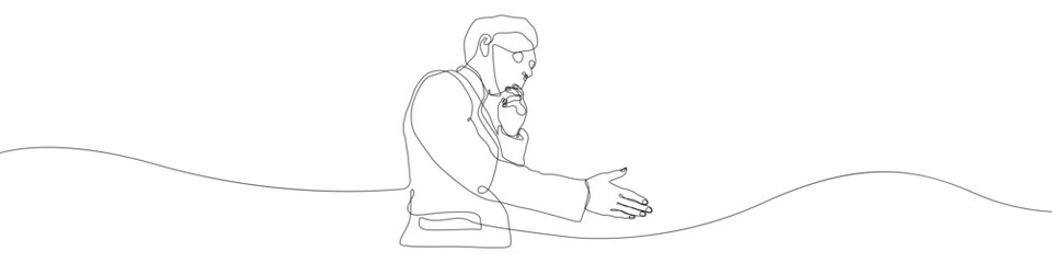 A man in a mask icon line continuous drawing vector. One line Reaching out icon vector background. Mysterious man icon. Continuous outline of a Hidden face icon.