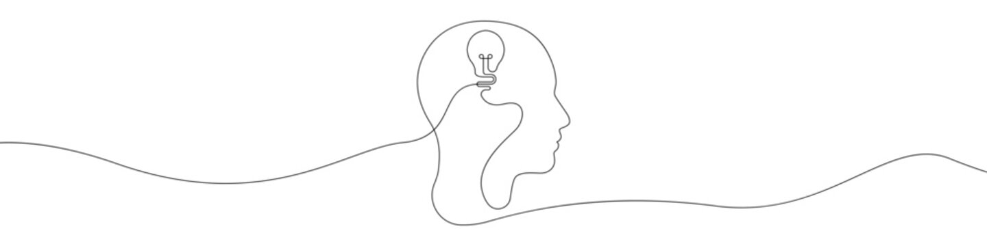 Head with a light bulb icon line continuous drawing vector. One line Light head icon vector background. The idea is a light bulb in the head icon. Continuous outline of a light bulb icon.
