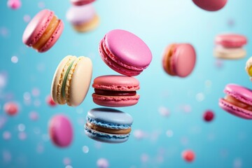 Obraz premium Scene of colorful macarons floating in mid - air against a pastel background. AI generated
