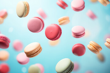 Scene of colorful macarons floating in mid - air against a pastel background. AI generated