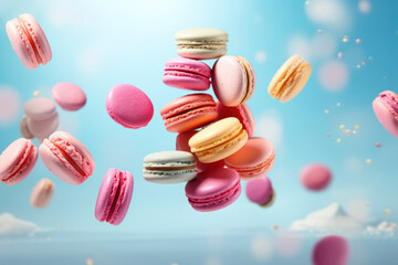 Obraz premium Scene of colorful macarons floating in mid - air against a pastel background. AI generated
