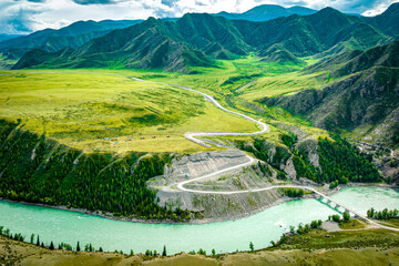 The confluence of two rivers, Katun and Chuya, the famous tourist spot in the Altai mountains,...